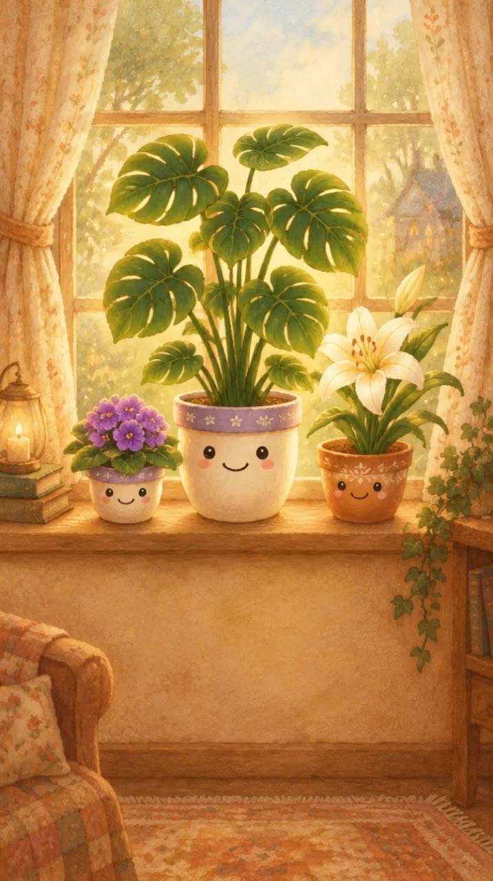 Tři kouzelné květiny na parapetu - Monstera, Africká fialka a Lilie